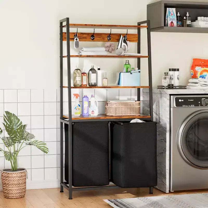 Double Laundry Hamper with Shelf 4 Tier Tall Laundry Basket Sorter with Two Removable Bags Clothing Storage Organizer and Hooks for Bathroom Bedroom