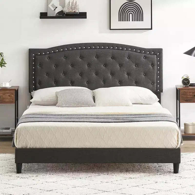 Queen Size Platform Bed Frame, Queen Upholstered Bed Frame with Adjustable Headboard, Heavy-Duty Slats Support, No Box Spring Needed, Gray