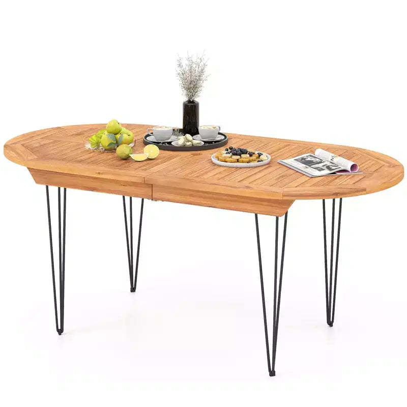 Costway 71 Patio Dining Table 6 Person Large Oval Table w/ Teak Wood Tabletop