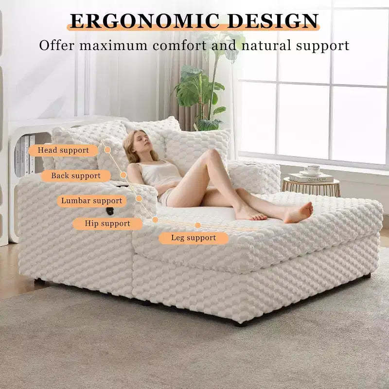 Oversized Chaise Lounge Chair 60 Inch, Upholstered Reading Chair with Throw Pillows, Modern Sleeper Sofa Bed for Living Room Bedroom, Beige
