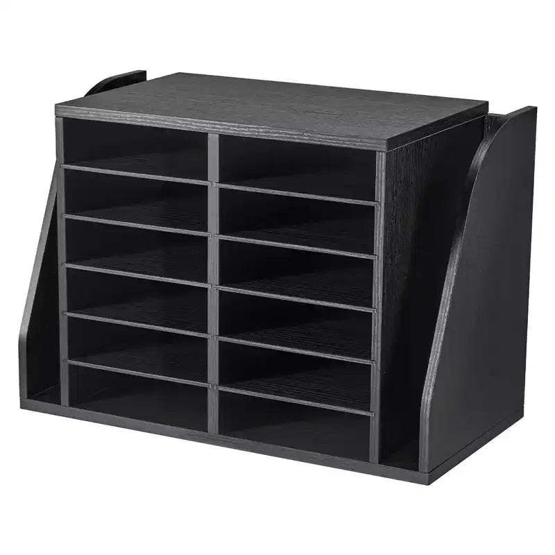 VEVOR Literature Organizer, 12 Compartments Office Mailbox with Side Vertical Storage, Wooden Mailbox Sorter Made of Particle Board, Black
