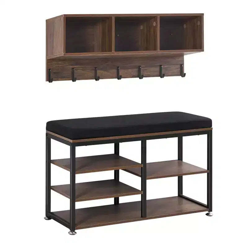 VEVOR Coat Rack with Shoe Bench, 3-in-1 Shoe Coat Rack Combo Set with Hooks and Bookshelf, Steel Frame for Entry, Bedroom, Rustic Brown & Black
