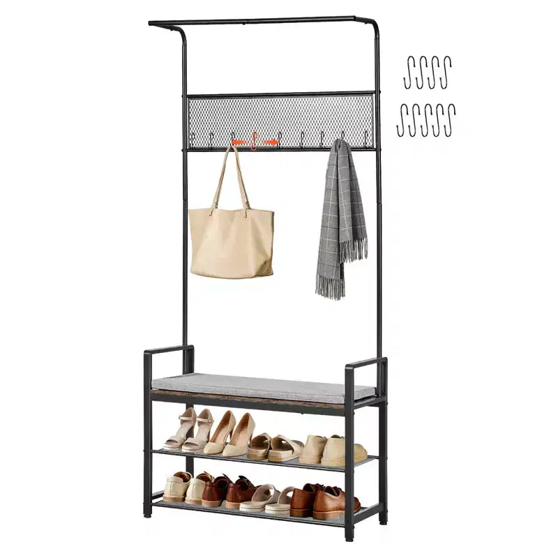 VEVOR Hall Tree, 72 in Coat Rack with Shoe Bench, Freestanding 2-Tier Shoe Rack Storage Organizer with Hooks, Hanging Rod and Wire Shelf,Brown & Black