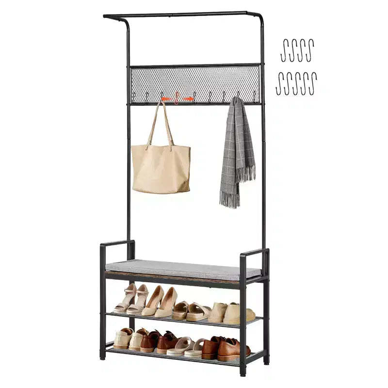 VEVOR Hall Tree, 72 in Coat Rack with Shoe Bench, Freestanding 2-Tier Shoe Rack Storage Organizer with Hooks, Hanging Rod and Wire Shelf,Brown & Black