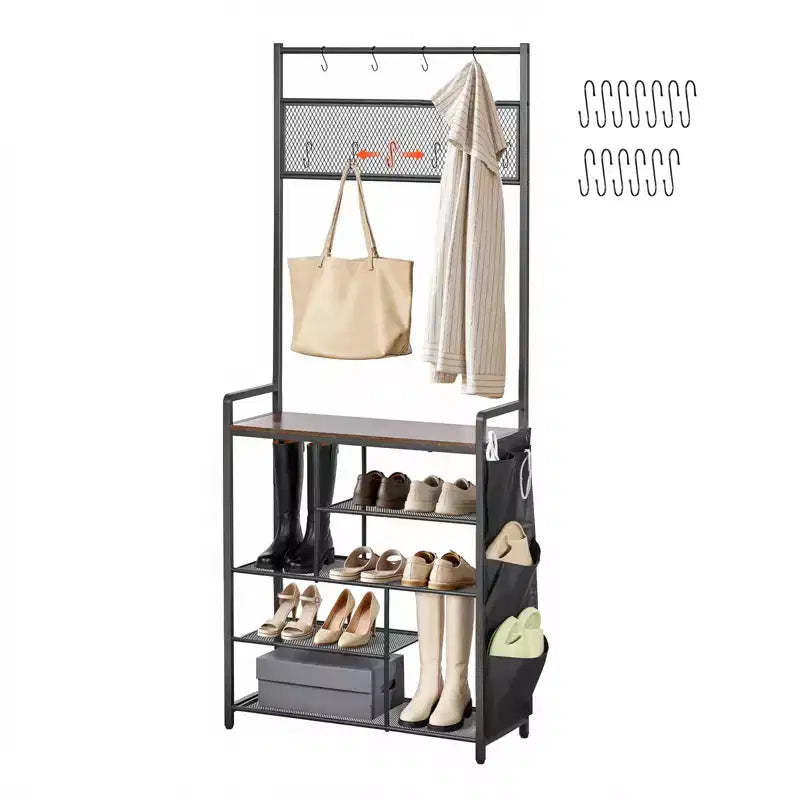 VEVOR Hall Tree, 70.9 in Coat Rack with Shoe Storage, Freestanding 4-Tier Shoe Rack Organizer with Hooks, Side Pocket and Wire Shelf, Brown & Black
