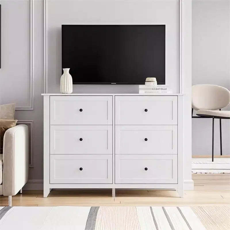 Acekool 6 Drawer White Dresser, Wooden Storage Chest of Drawers with Metal Handles for Bedroom, Living Room, Entryway
