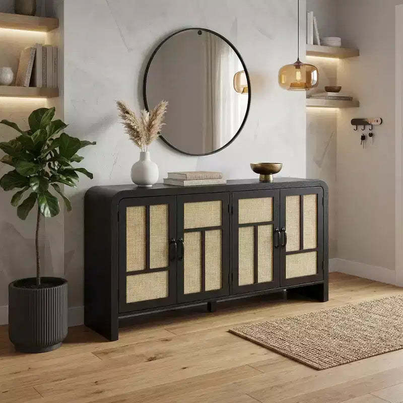 FurnitureR Sideboard Buffet Cabinet with Rattan Doors, Large Storage Cabinet with Shelves for Dining Room, Living Room, Entryway Storage Organizer