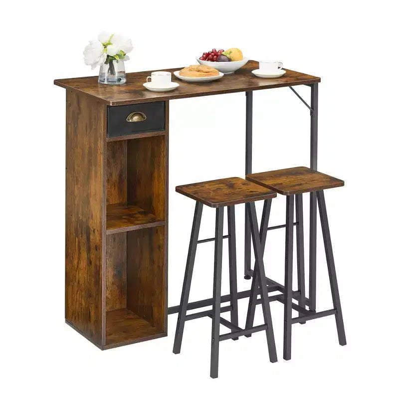 Bar Table Set, 3-Piece Bar Table Set with Storage Drawer & Shelf, Space Saving Table Set, Small Table and 2 Chairs Set