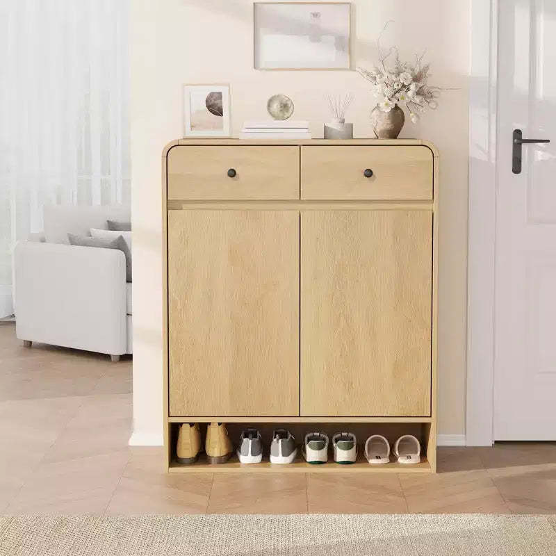 Shoe Storage Cabinet, Freestanding Entryway Organizer with Rounded Corner, Narrow Large Capacity Cabinet for Hallway, Living Room, Natural Oak