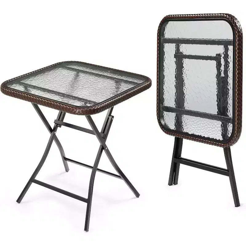 VINGLI 23.6in Modern Brown Rattan Folding Glass Outdoor Side Table, Small Patio Table with Tempered Glass Top