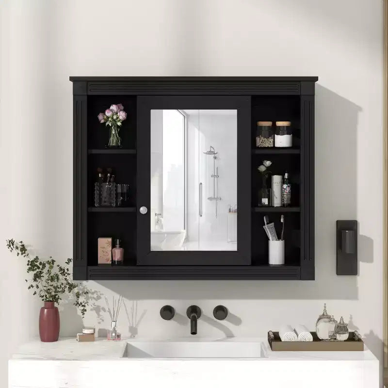 AMMER 35 x 28 Wall Mounted Bathroom Storage Cabinet, Modern Bathroom Wall Cabinet with Mirror, Mirror Cabinet with 6 Open Shelves, Black