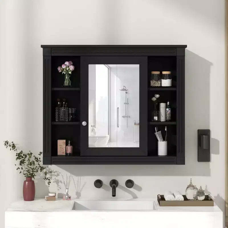 AMMER 35 x 28 Wall Mounted Bathroom Storage Cabinet, Modern Bathroom Wall Cabinet with Mirror, Mirror Cabinet with 6 Open Shelves, Black