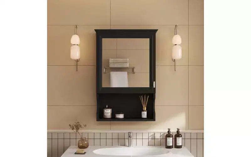 AMMER 20'' Wall Mounted Bathroom Storage Cabinet with Mirror, Wall Mounted Home Storage with Door, Mirrored Wall Medicine Cabinet, Black