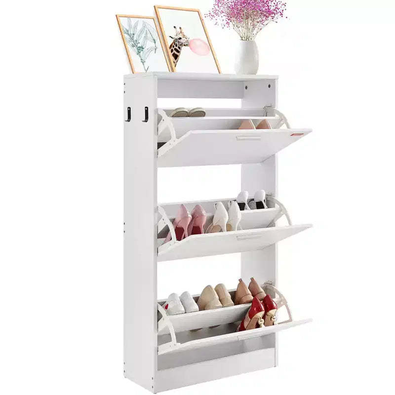 Shoe Cabinet with 3 Flip Drawers, Shoe Storage Cabinet for Entryway, Free Standing Shoe Storage Organizer with Side Hooks for Heels, Boots