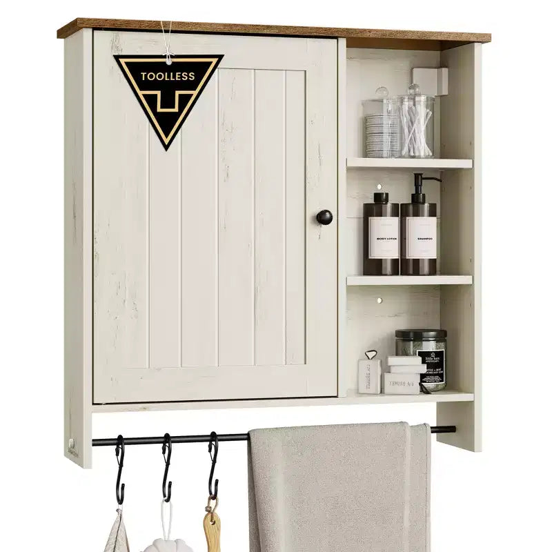 SONGMICS Home Wall Cabinet, Superfast Toolless Assembly, Farmhouse Medicine Cabinet with Adjustable Shelves and Door, Rustic White and Honey Brown