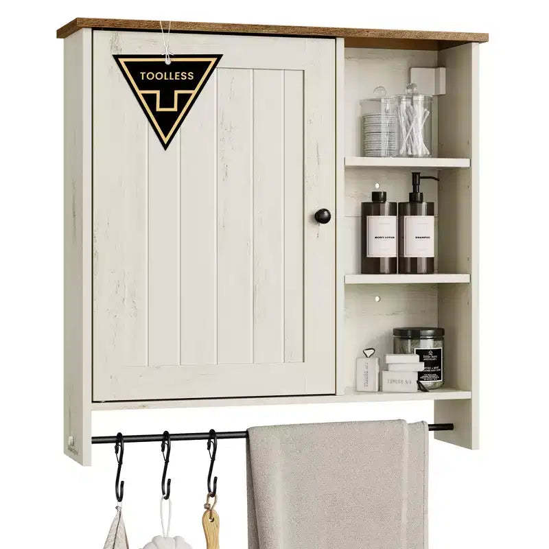 SONGMICS Home Wall Cabinet, Superfast Toolless Assembly, Farmhouse Medicine Cabinet with Adjustable Shelves and Door, Rustic White and Honey Brown