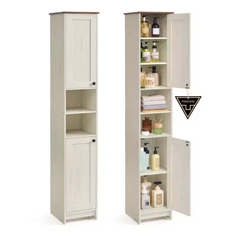 SONGMICS HOME Storage Cabinet, Superfast Toolless Assembly, Slim Tall Standing Cabinet with Adjustable Shelves, Open Compartments, Rustic White