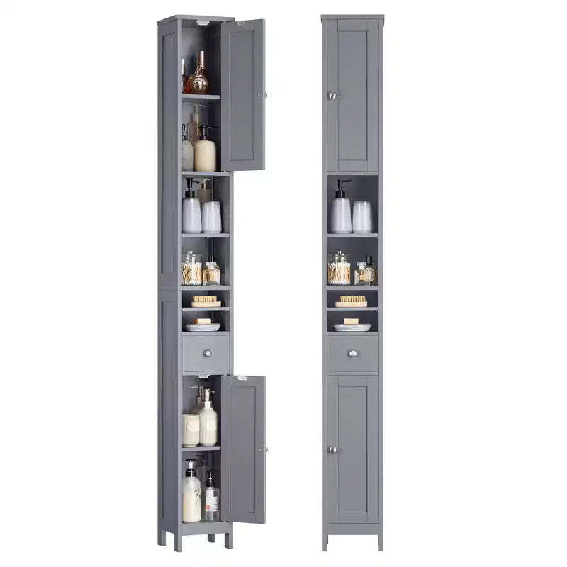 VASAGLE Tall Bathroom Cabinet, Slim Freestanding Bathroom Storage Cabinet with Adjustable Shelves, Drawer, Open Compartments, Dove Gray