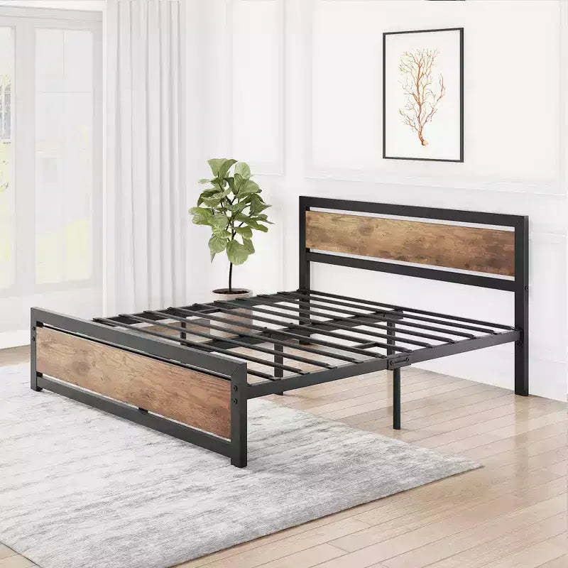 Metal platform queen bed frame with wooden headboard and footboard, non-slip and durable, with ample under-bed storage, no box spring required.