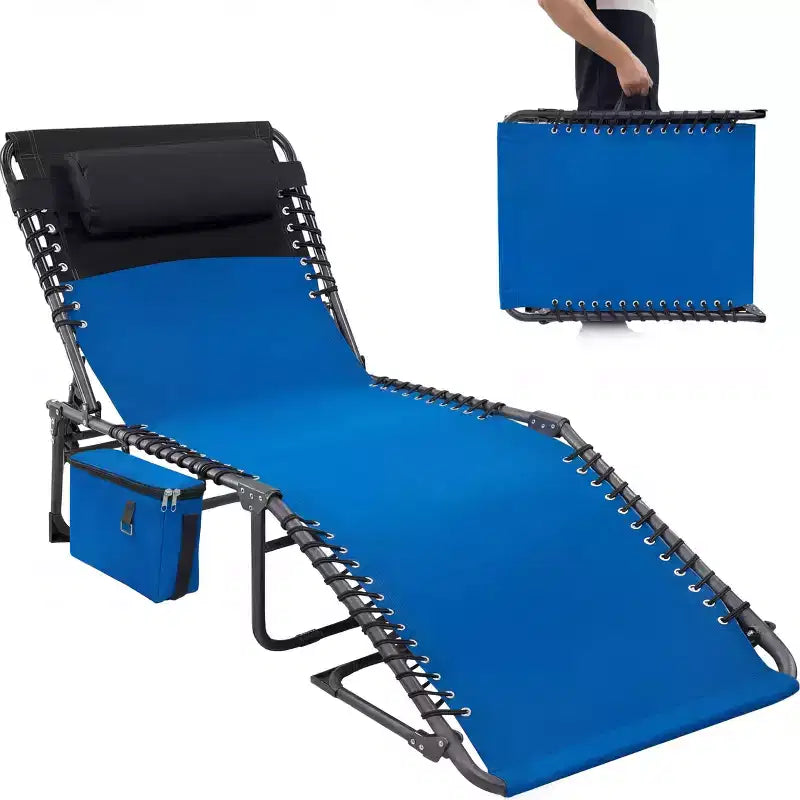 5-Position Adjustable Outdoor Chaise Lounge Chair, Folding Sun Tanning Chair Bed Cot with Removable Pillow & Carry Handle for Beach, Patio, Pool