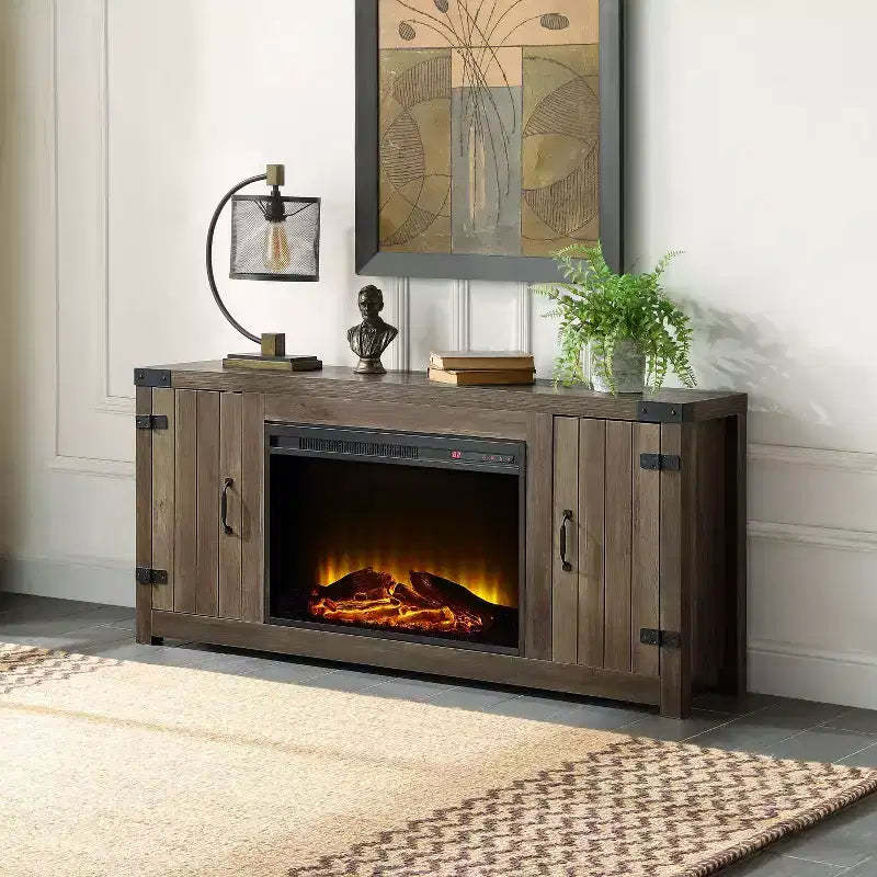 Rustic Oak Finish Fireplace with 2 Storage Drawers