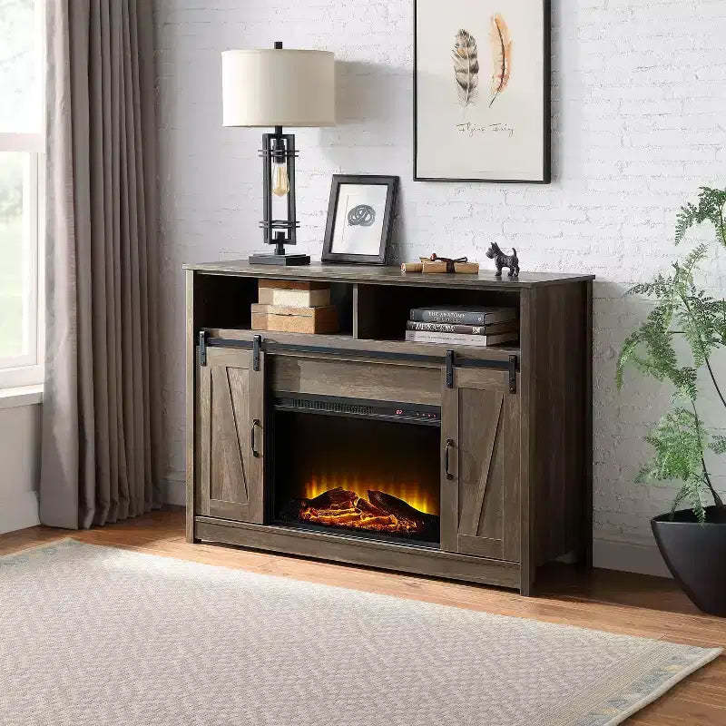 Rustic Oak Finish Fireplace with Shelf Storage