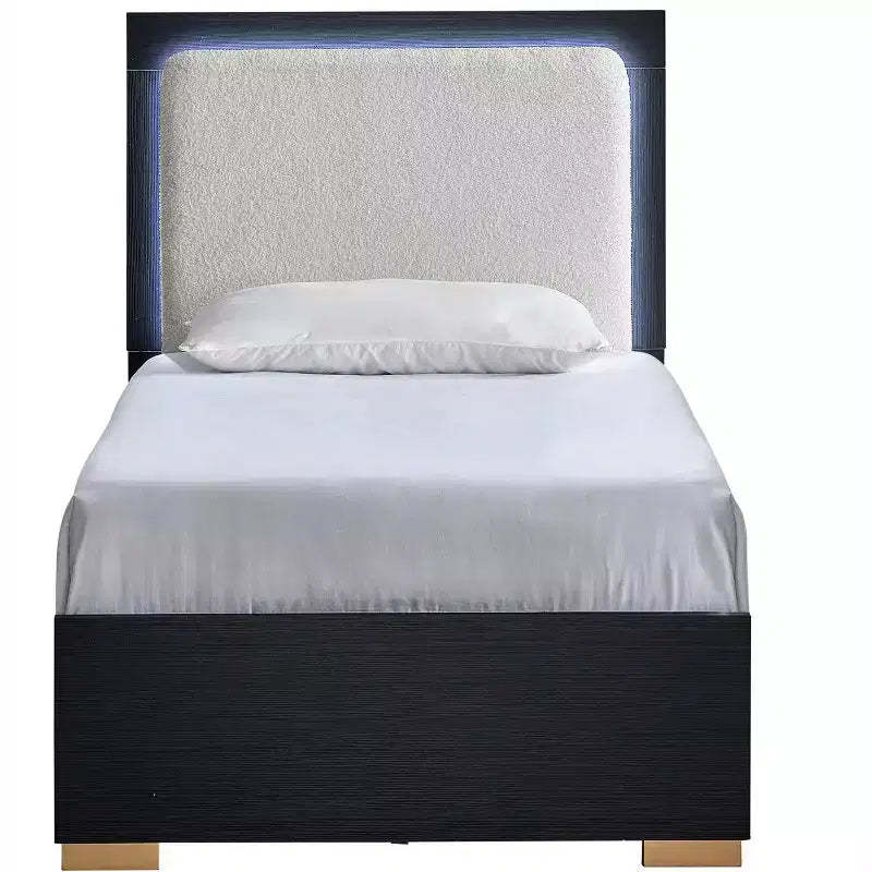 Passion Furniture Steeler Black and Gold Wood Frame Twin Panel Bed with LED Lighted Headboard