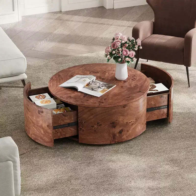 Whisen 360 Swivel Accent Coffee Table with Rich Burl Wood Veneer & 2 Hidden Storage Drawers - Walnut