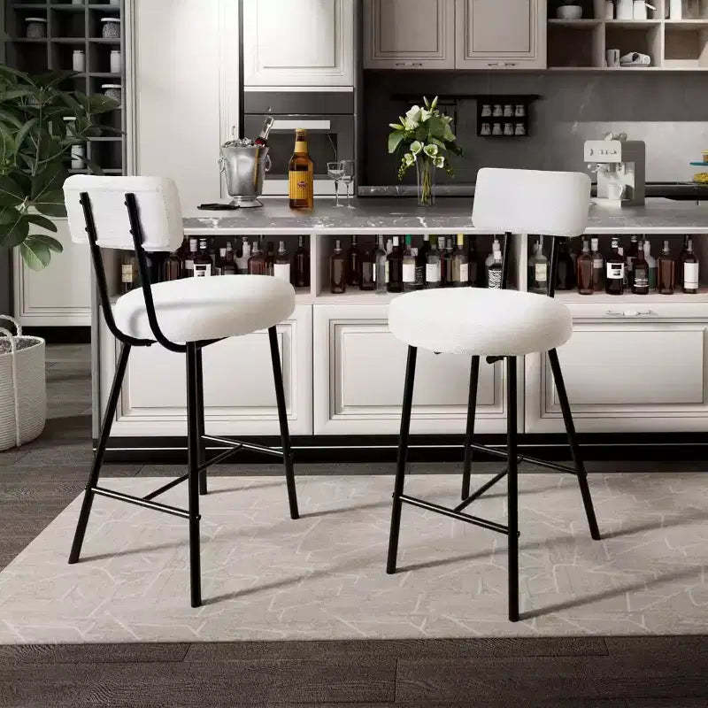 Boucle Bar Stools, 24 Counter Height Bar Chairs with Back & Footrest, Modern Upholstered Round Stools for Kitchen Island, Cafe, Beige
