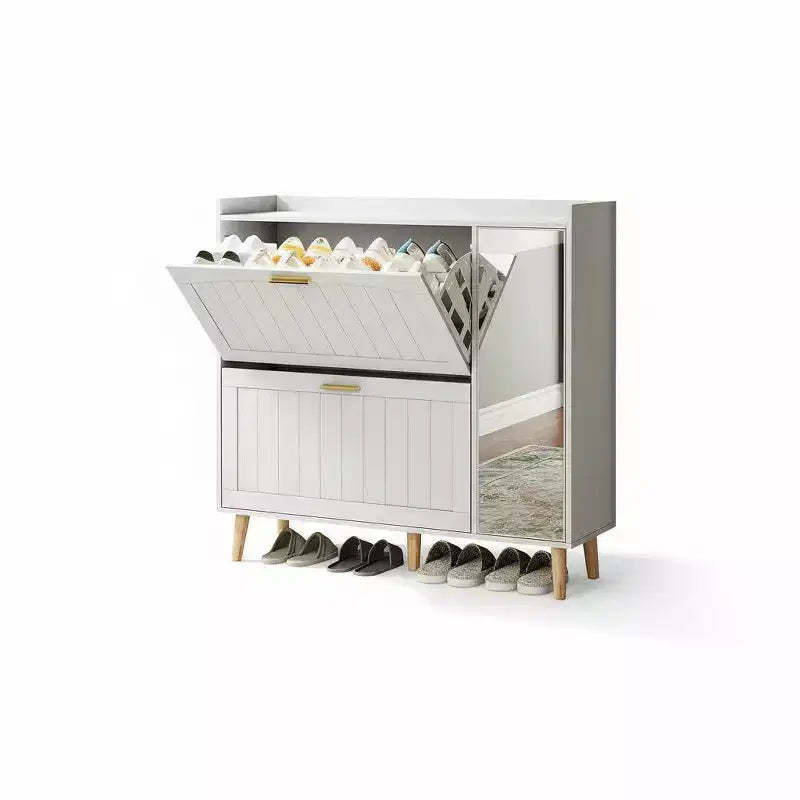 Acekool White Shoe Cabinet with Mirror 2 Flip Drawers Side Storage for Entryway Bedroom