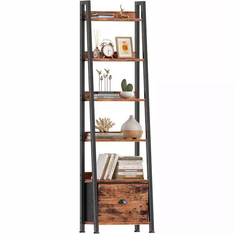 Qwatto Brown 6 Tier Ladder Bookshelf with Drawer Tall Industrial Wood Metal Freestanding Storage Rack Etagere Display Bookcase for Home Office Rooms