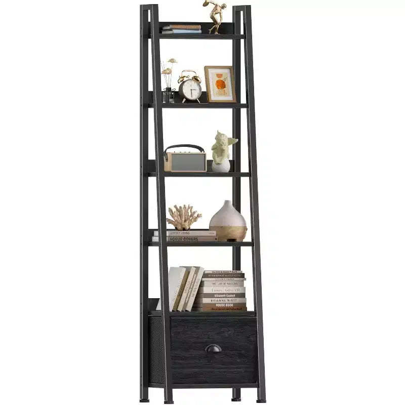 Qwatto Black 6 Tier Ladder Bookshelf with Drawer Tall Industrial Wood Metal Freestanding Storage Rack Etagere Display Bookcase for Home Office Rooms