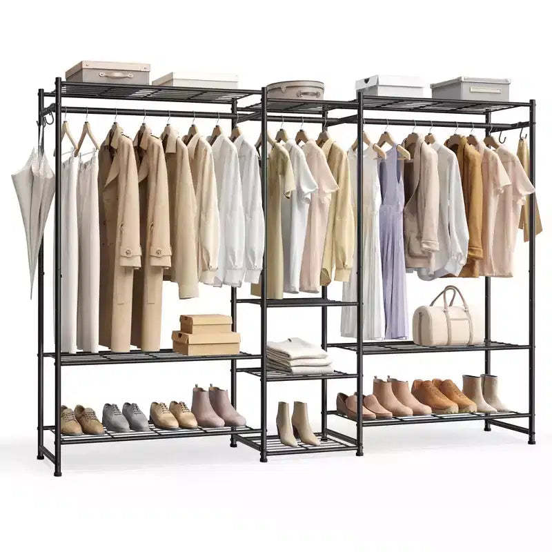 SONGMICS Portable Closet Wardrobe, Heavy-Duty Clothes Rack, Freestanding Clothing Rack with 10 Shelves, 3 Hanging Rods, 4 SHooks, Metal Frame, Black