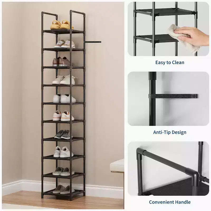 10 Tier Metal Shoe Rack, Tall Space Saving Shoe Organizer with Removable Fabric Shelves for Closet, Entryway, Bedroom