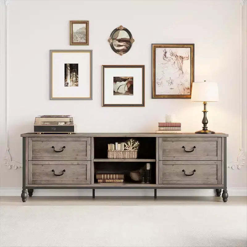 64.6 Mid-Century Modern TV Stand with Storage, Entertainment Center Featuring Metal Roman Columns and Drawer, TV Console Table for Living Room