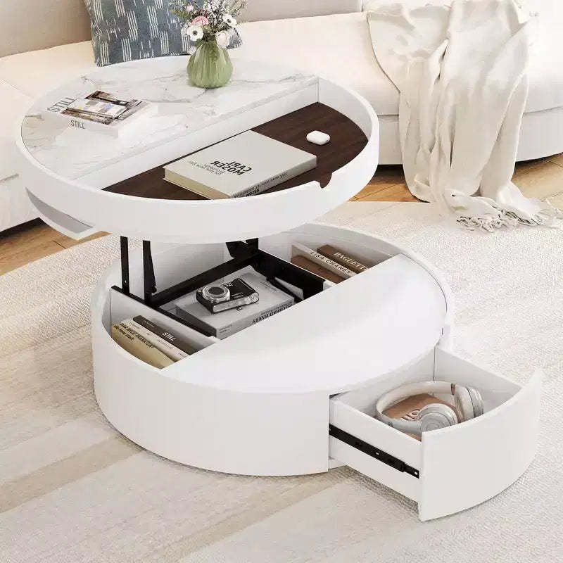 Whisen Modern Lift Top Coffee Table with Hidden Storage and Drawer, Marble and Wood Grain Tabletop - White & Walnut