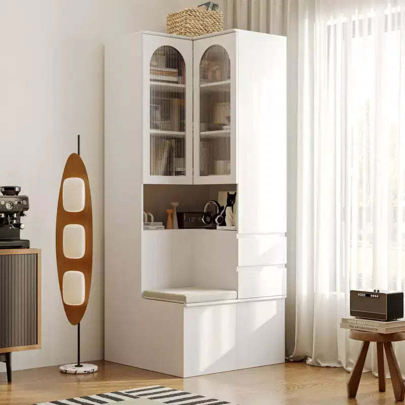 Hitow White Corner Cabinet with Seating  Multi-Functional Corner Bookcase with Reeded Glass Doors for Living Room & Entryway