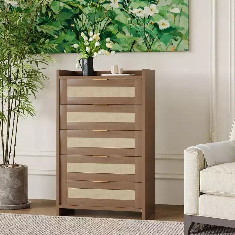Rattan 5 Drawers Dresser, 46 Inch Tall Boho Dresser with Golden Metal Handles, Chest of Drawers, Clothes Storage Cabinet