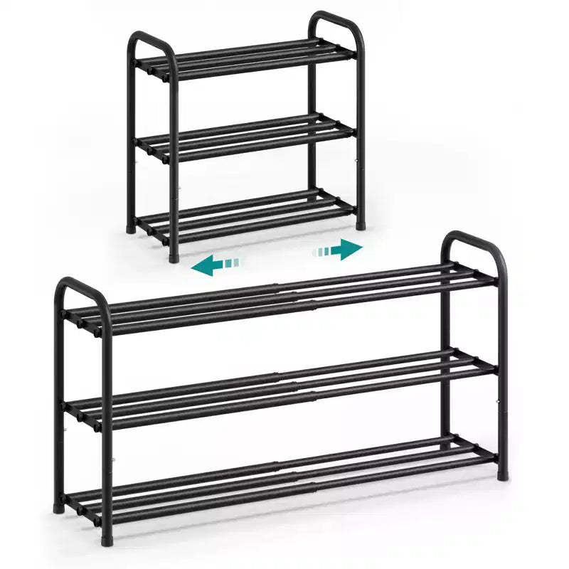SONGMICS Expandable Shoe Rack, Adjustable Shoe Organizer Storage Shelf, Sturdy and Heavy-Duty, for Closet, Entryway, Living Room, 3-Tier, Ink Black