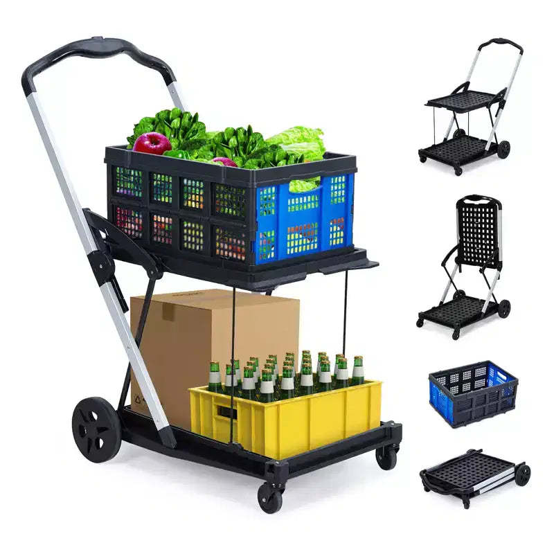 Space-Saving 2-Tier Outdoor Garden Cart, Removable Storage Crate, Lightweight Aluminum Utility Trolley with Wheels for Shopping,Picnic,Home,Gardening