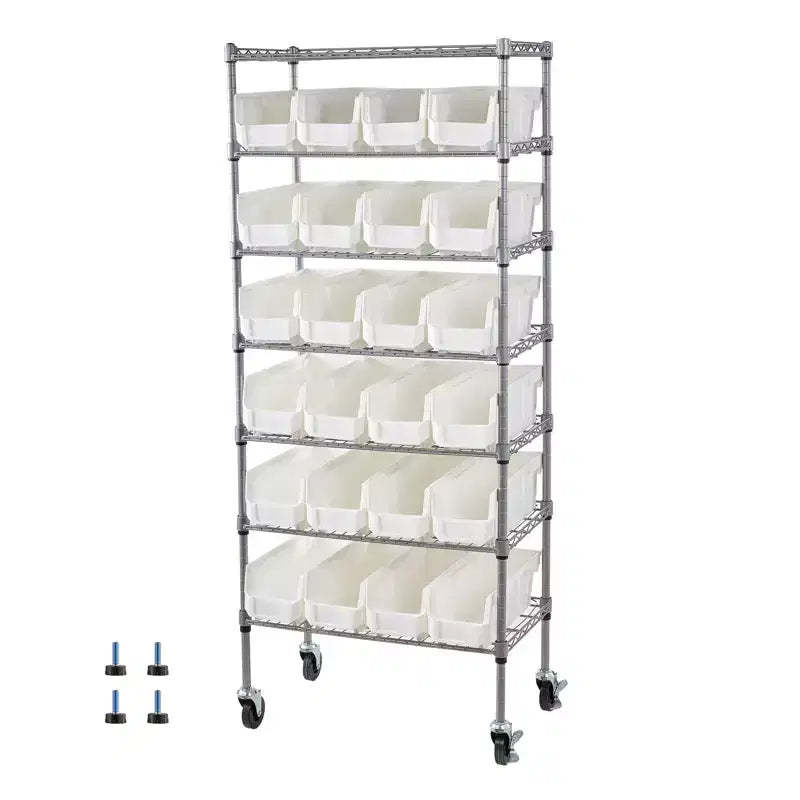 VEVOR 7-Tier Rolling Bin Storage Rack, 24 Small Bins, Bin Rack Storage Steel Wire Shelving System with Wheels, Mobile Tool Organizer, Silver+White