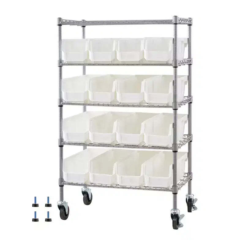 VEVOR 5-Tier Rolling Bin Storage Rack, 16 Organizer Bins, Bin Rack Storage Steel Wire Shelving System with Wheels, Mobile Tool Organizer,Silver+White