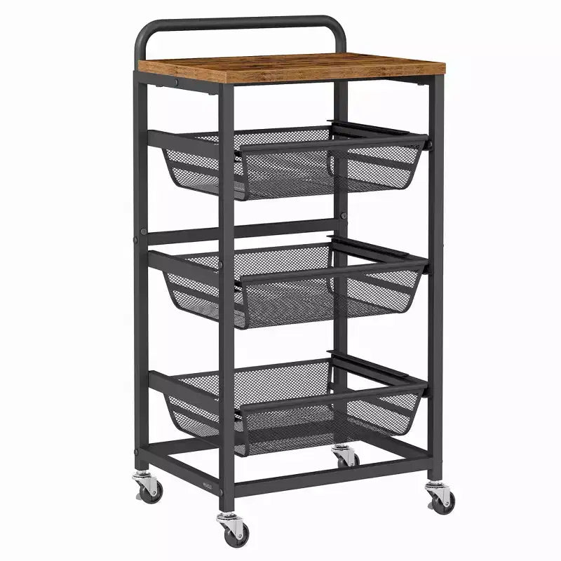 VASAGLE Storage Cart with Pull-Out Baskets, 4-Tier Kitchen Cart with Wheels, Handle, 12.5 x 15.8 x 29.8 Inches, Rustic Brown and Ink Black