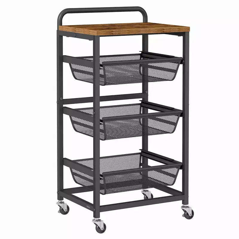 VASAGLE Storage Cart with Pull-Out Baskets, 4-Tier Kitchen Cart with Wheels, Handle, 12.5 x 15.8 x 29.8 Inches, Rustic Brown and Ink Black