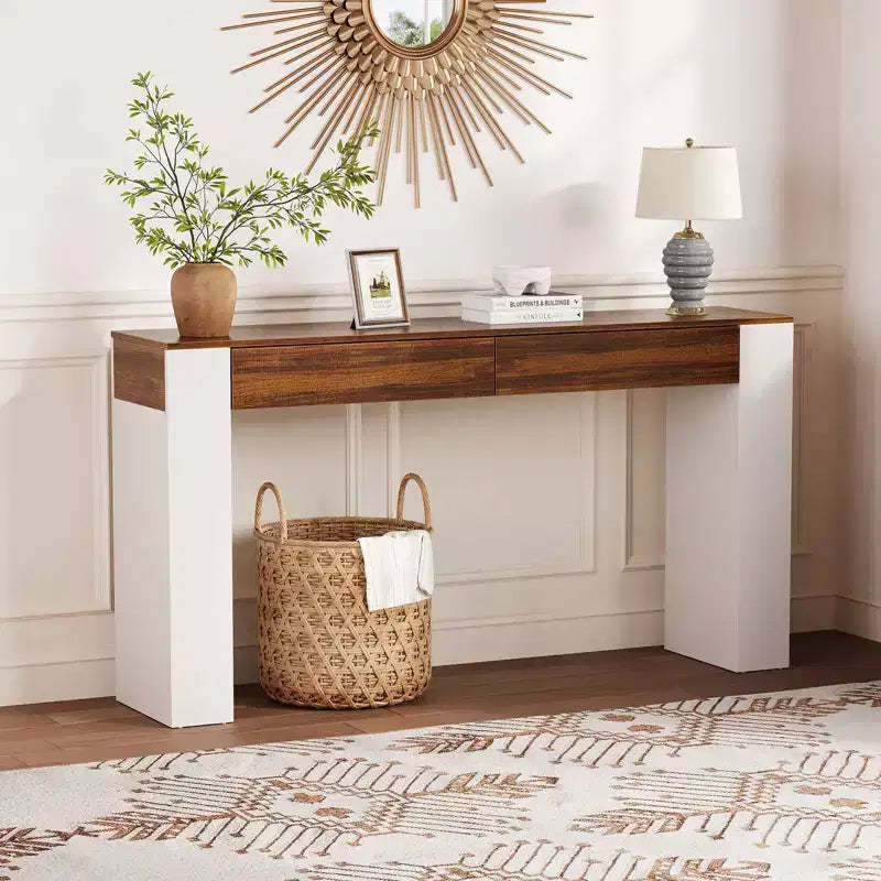 Long Console Table with 2 Drawers,Farmhouse Entryway Table Behind Couch,Wooden Foyer Stand Entry Station, Modern Hallway Accent Furniture