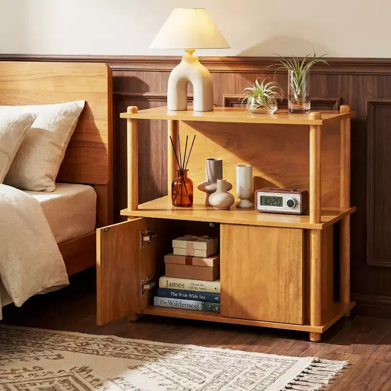 Christopher Knight Home Sawyer Modern Wood Nightstand with Storage Cabinet and Open Shelves