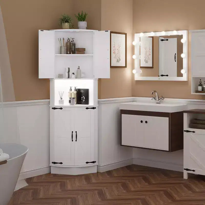 COZONY 65 Farmhouse Corner Cabinet with Barn Doors, 5-Tier Freestanding Corner Storage Cabinet for Kitchen, Bathroom or Living Room