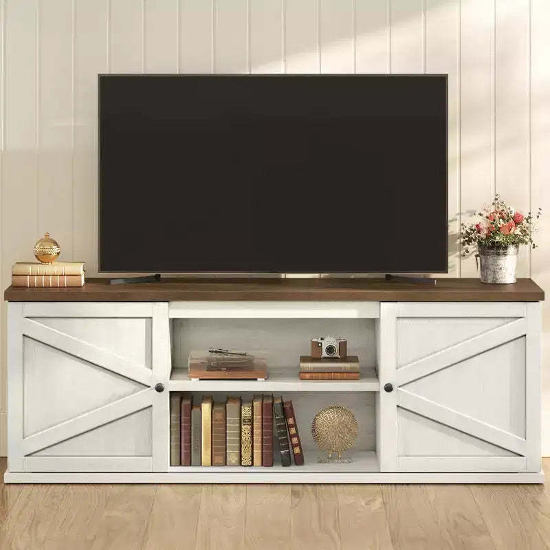 VASAGLE Farmhouse TV Stand for TVs up to 80 Inches, Entertainment Center with Storage Cabinets, Media Console Table, Rustic White and Honey Brown