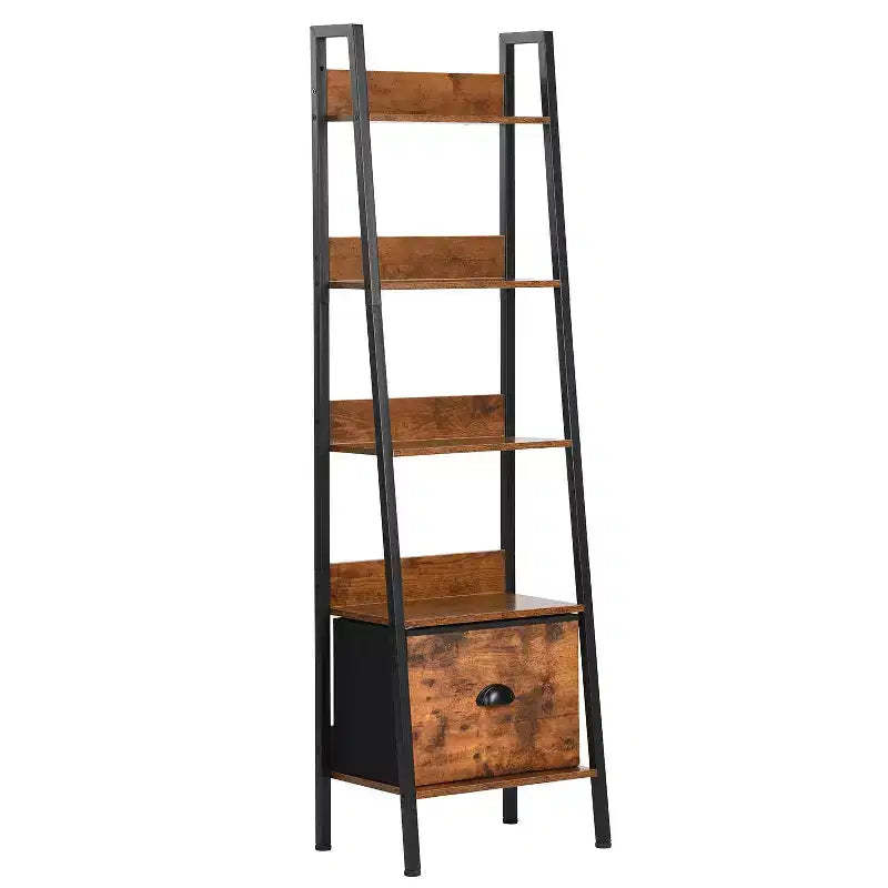 Homy Casa 5 Tier Ladder Bookshelf with Drawer, Rustic Brown