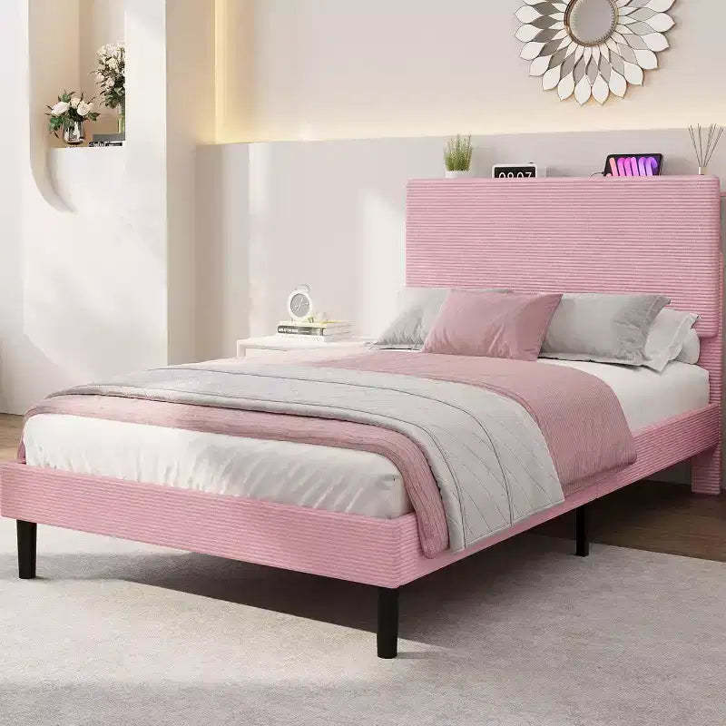 DobleePy Twin Size Pink Upholstered Platform Bed Frame with Storage Headboard & Charging Station, Corduroy, Noise-Free, No Box Spring Needed